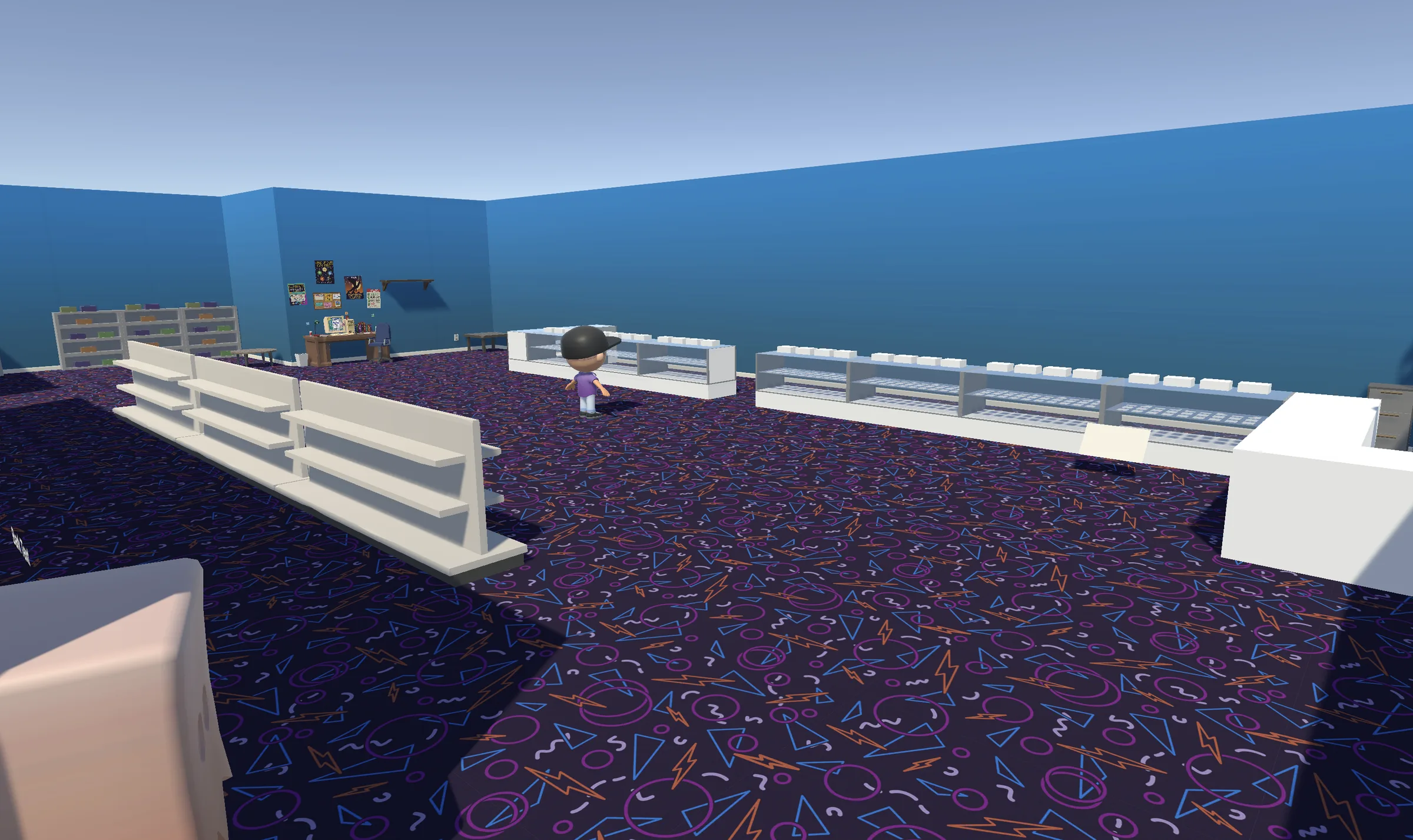 The in-game card shop floor with shelves and counters