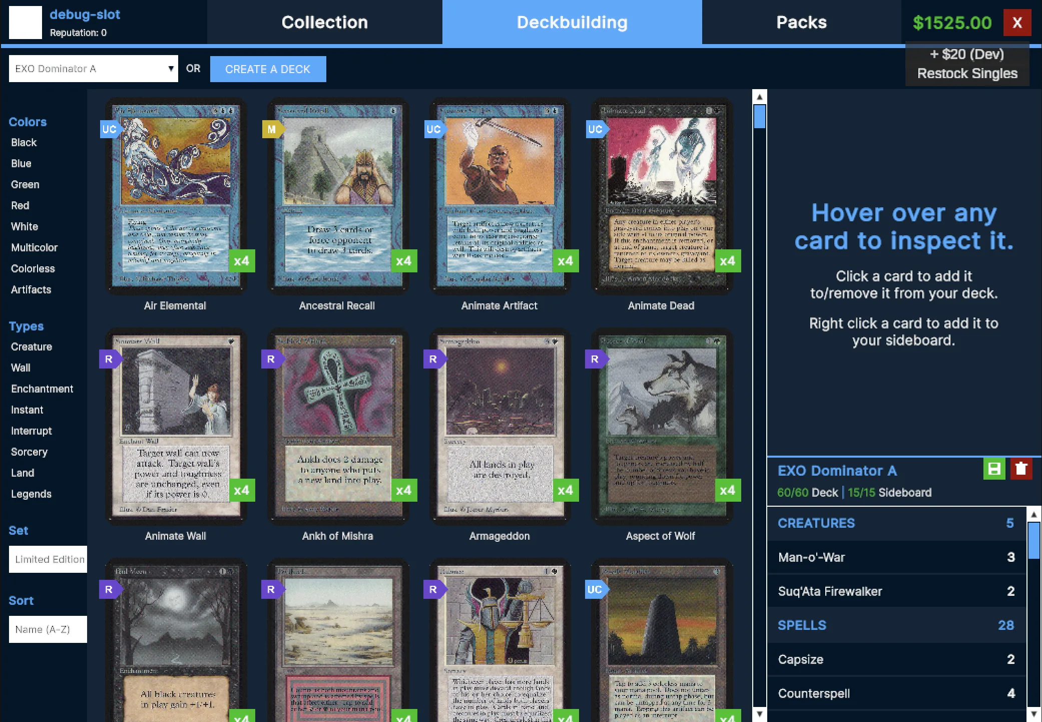 The in-game deckbuilding screen